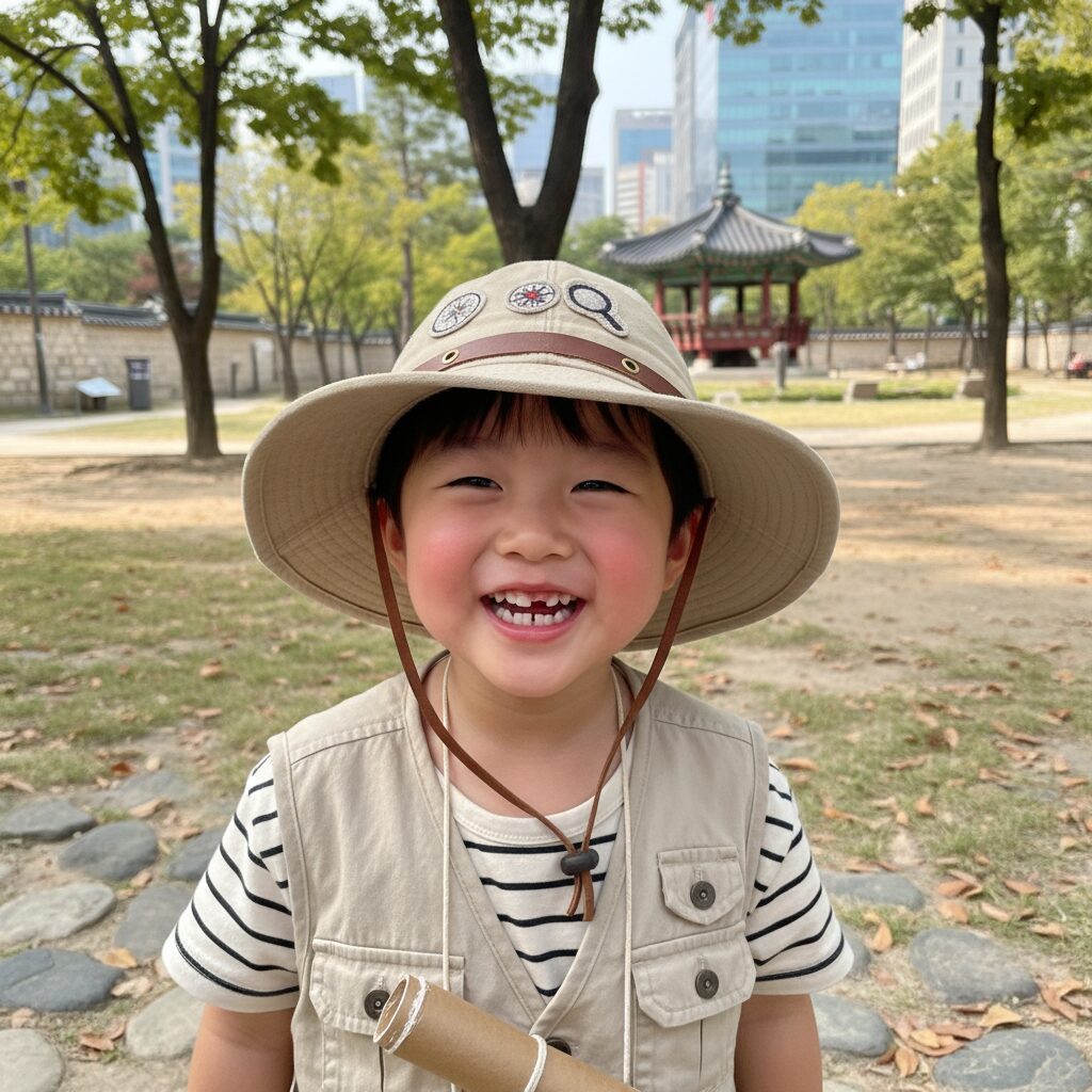 아이가 베이지색 탐험가 모자를 쓰고 밝게 웃고 있는 모습
