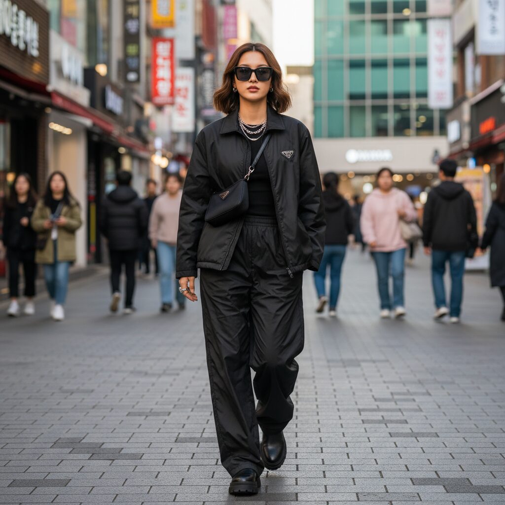 김길리 프라다 블랙 리나일론 재킷과 와이드 팬츠를 입은 힙한 스트릿 패션 모습