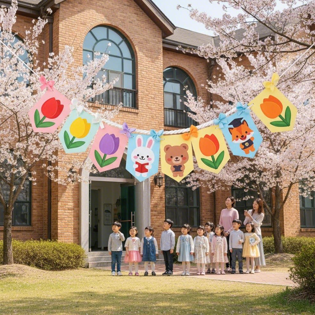 봄 튤립과 귀여운 캐릭터가 그려진 유치원 입학식용 컬러풀한 가랜드