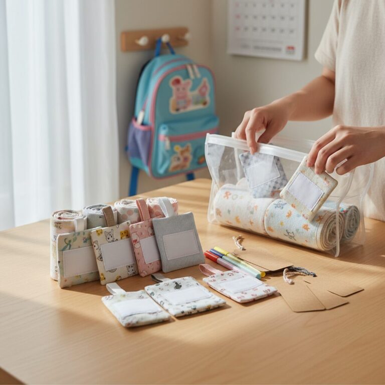 어린이집 신학기 준비물로 준비한 고리수건 네임택 파우치