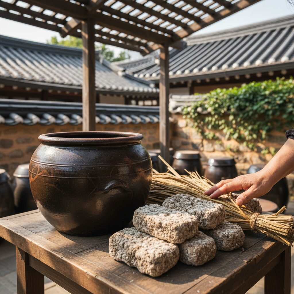 항아리에 담긴 조선간장과 옆에 놓인 메주