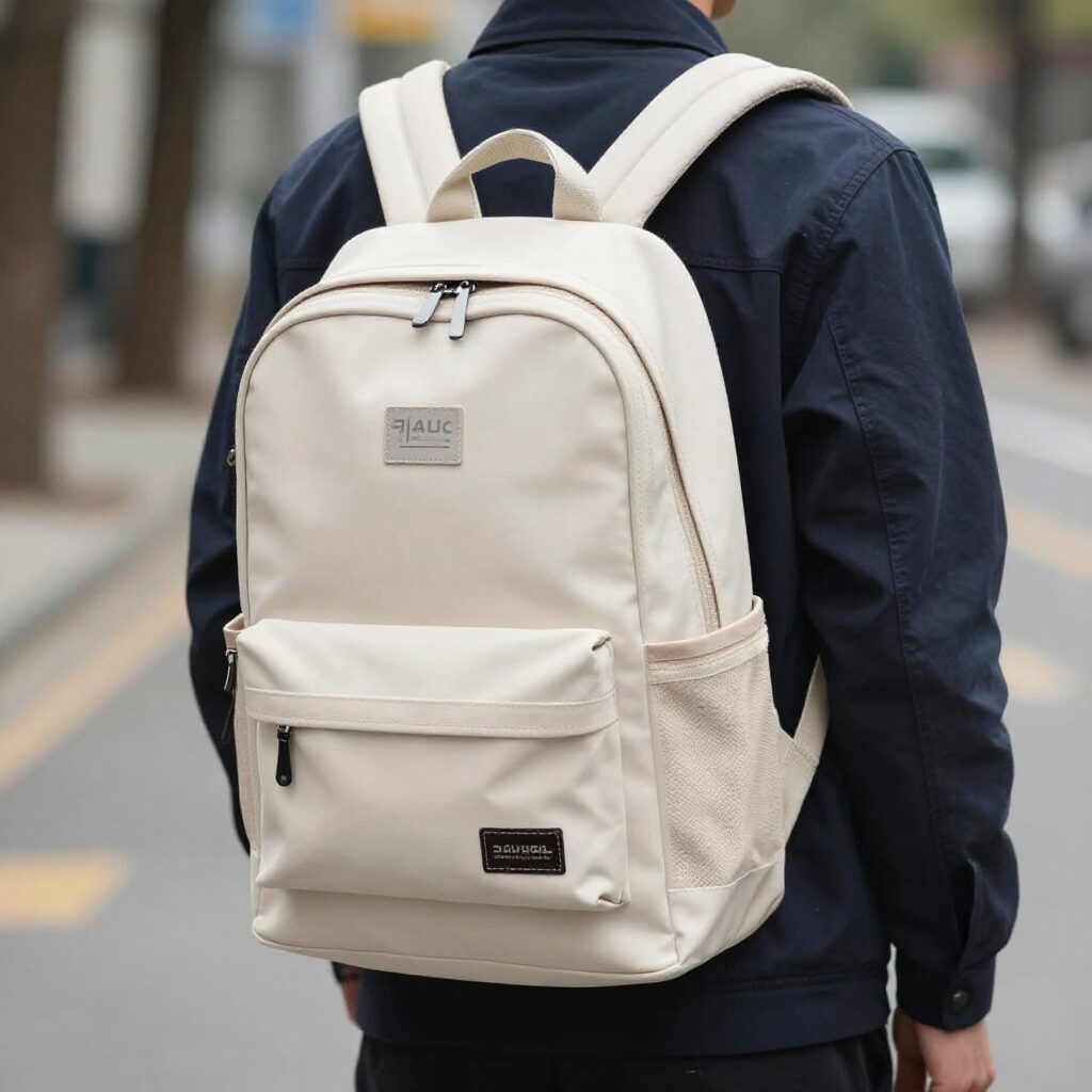 크림색 르꼬끄 에어플로트 백팩을 착용한 모습