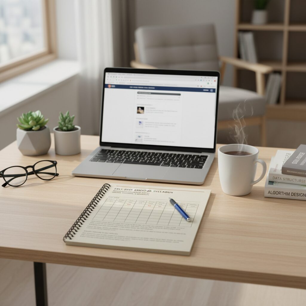 대학 강의 계획서와 노트북이 놓인 책상