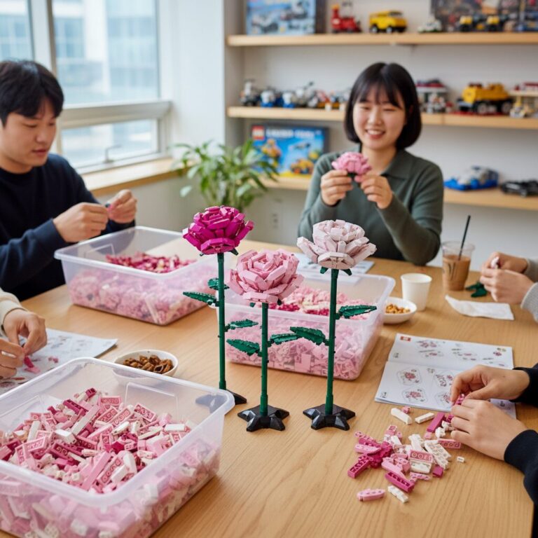 레고 장미 만들기 체험 테이블 위에 핑크색 레고 조각과 완성된 장미