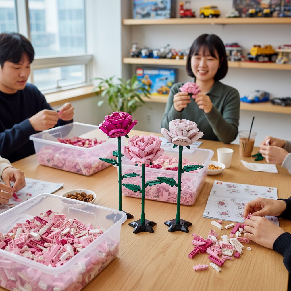 레고 장미 만들기 체험 테이블 위에 핑크색 레고 조각과 완성된 장미