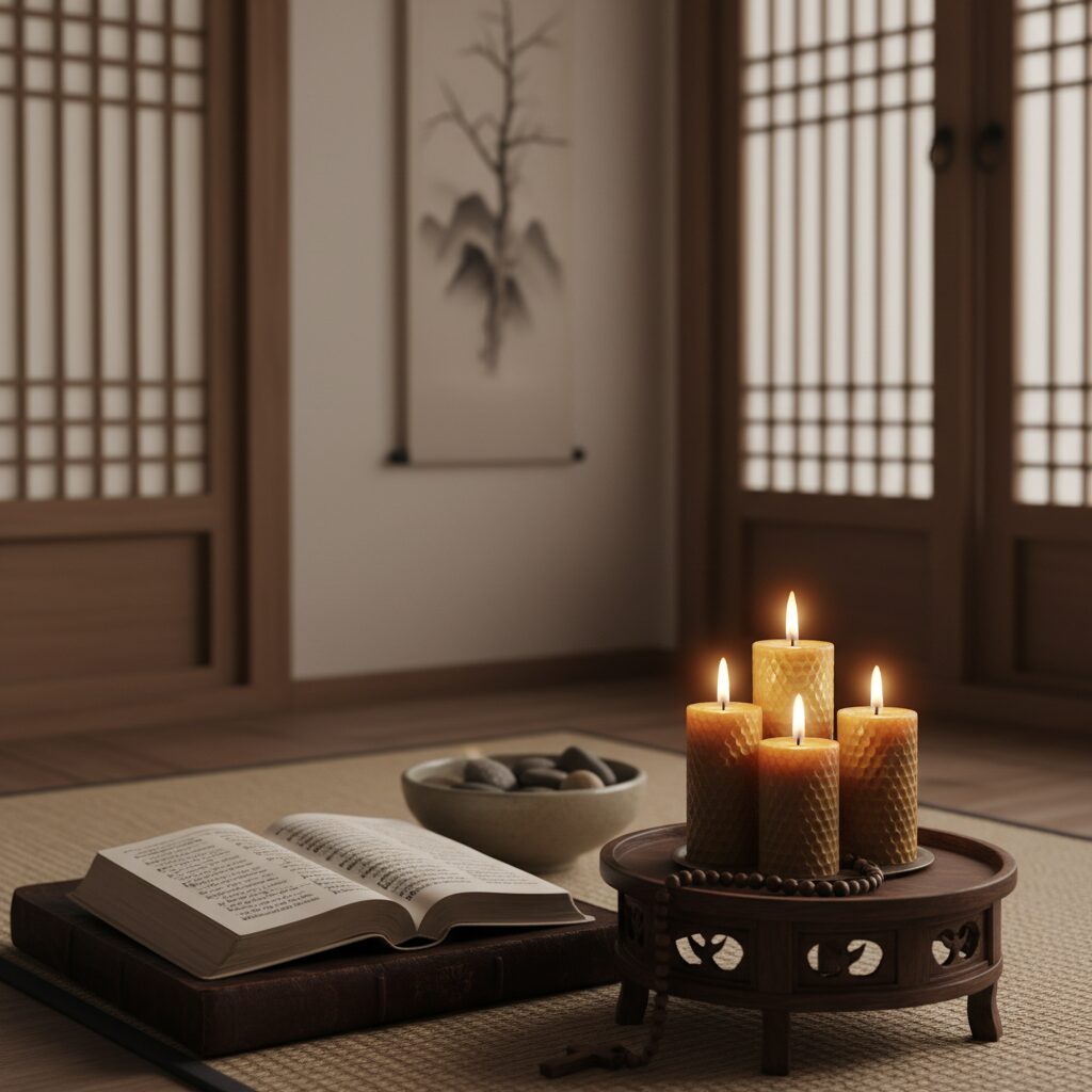 성경과 촛불이 놓인 사순절 묵상 공간