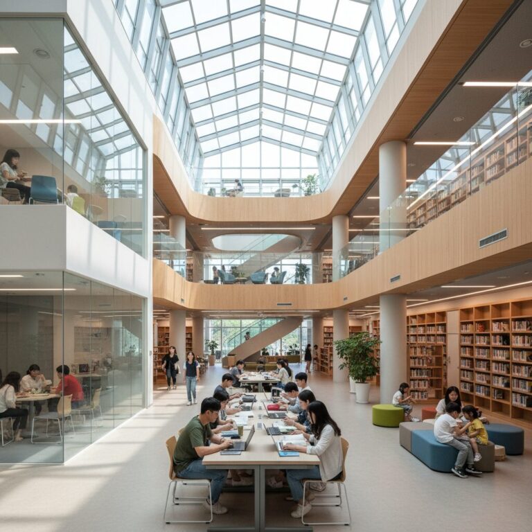 현대 도서관 내부의 다채로운 공간과 사람들
