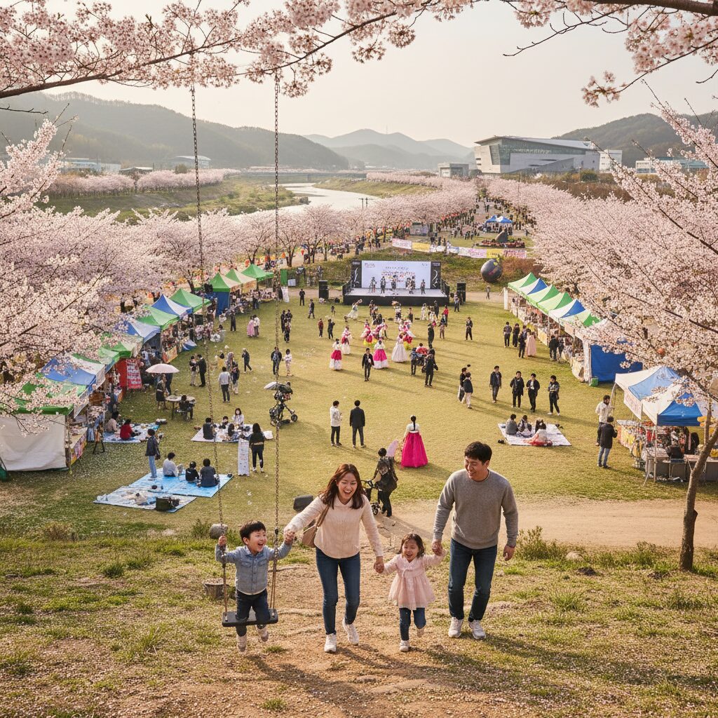 봄날 밀양 아리나 드림 페스티벌 축제장 전경과 가족들이 즐기는 모습