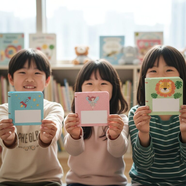 아이들이 손에 들고 있는 귀여운 책 모양 이름표 도안 이미지