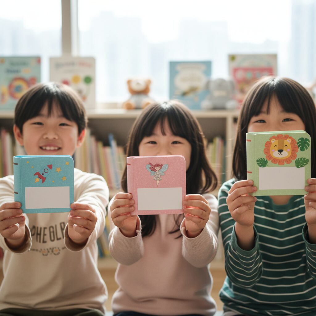 아이들이 손에 들고 있는 귀여운 책 모양 이름표 도안 이미지