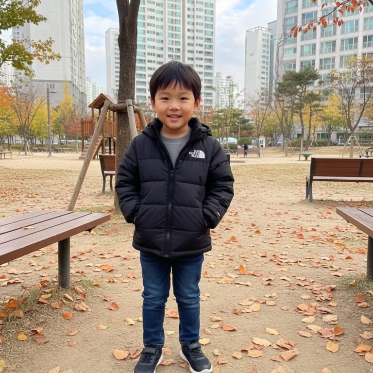 검정색 노스페이스 키즈 시티 칠러 자켓을 입은 어린이