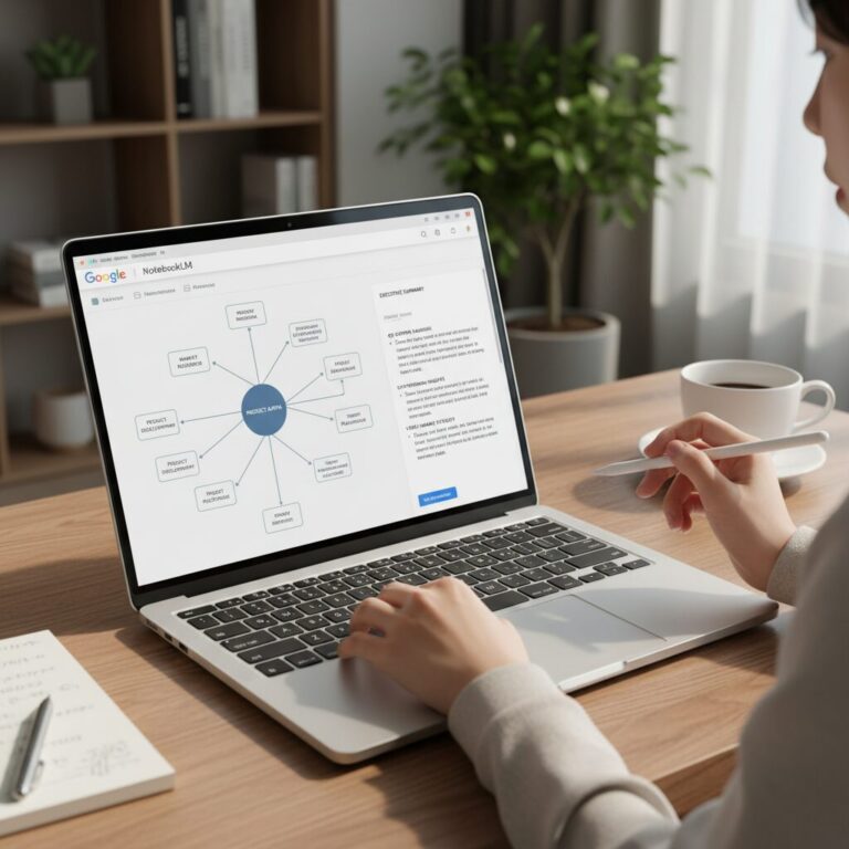 노트북 화면에 NotebookLM 인터페이스가 열려 있고 AI가 생성한 마인드맵과 요약 내용이 표시되어 있다