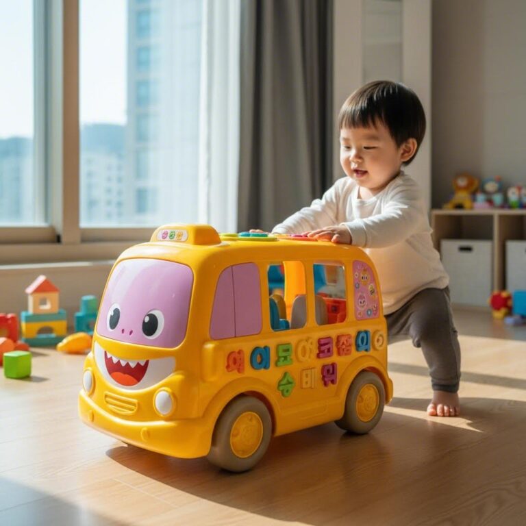 핑크퐁 아기상어 모양의 노란 한글 카드버스 장난감