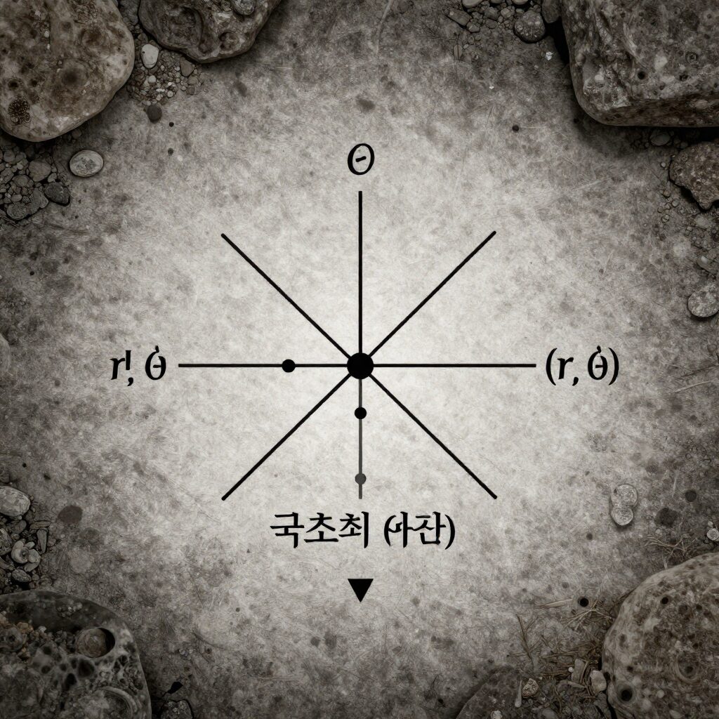 극좌표 (r, θ)가 좌표평면 위의 점 P를 나타내는 다이어그램. 원점에서 뻗어나가는 선분과 각도 θ가 표시됨.