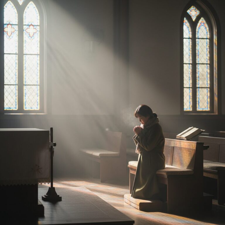 겨울빛이 들어오는 교회 예배당에서 기도하는 모습
