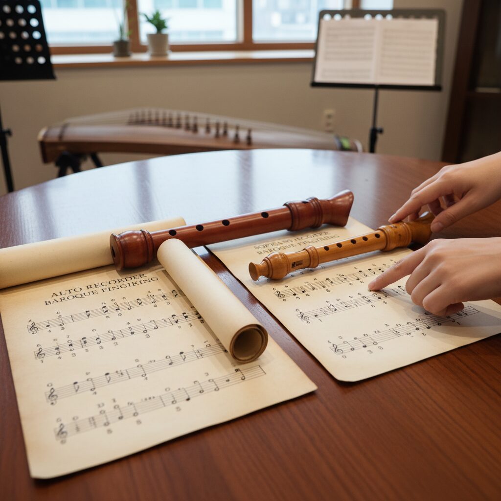 바로크식 알토 리코더와 소프라노 리코더 운지법 차이를 보여주는 운지표