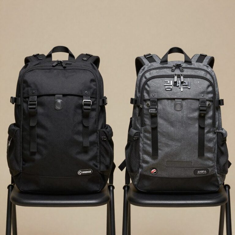 로아드로아 스트링 백팩과 매트릭스 백팩을 의자에 걸어놓은 스타일 사진