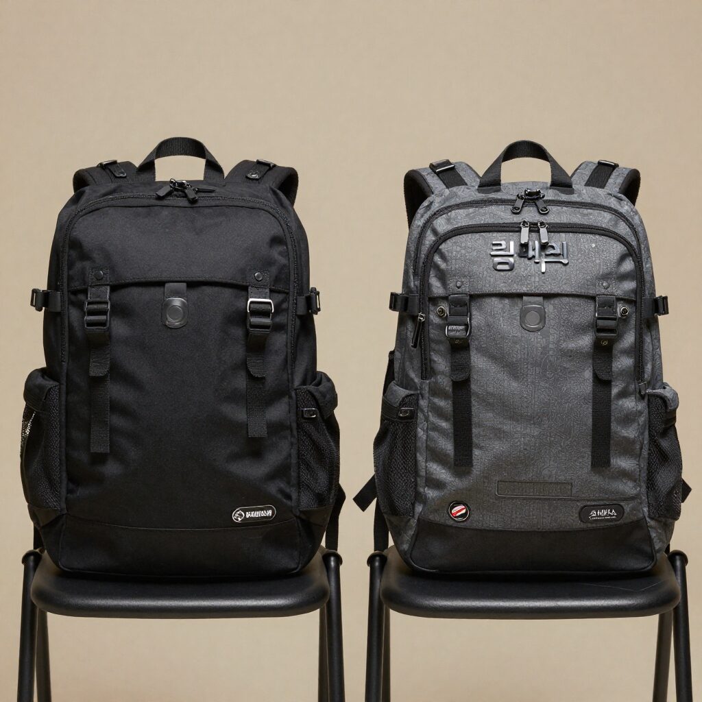 로아드로아 스트링 백팩과 매트릭스 백팩을 의자에 걸어놓은 스타일 사진