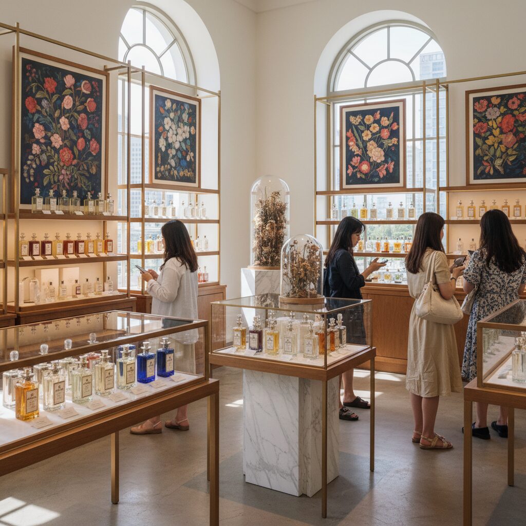 산타마리아노벨라 팝업스토어에서 전시된 향수와 아트워크