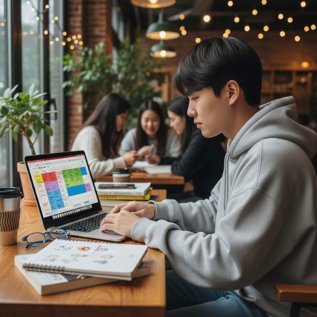 대학생이 노트북으로 시간표를 작성하고 있는 모습