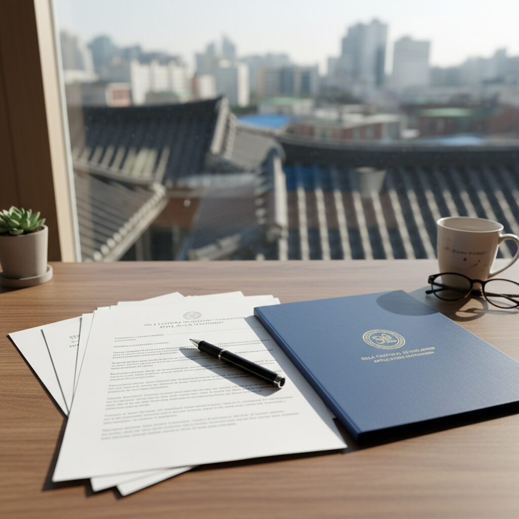 신라문화장학재단 신청 서류와 자기소개서 예시가 놓인 책상