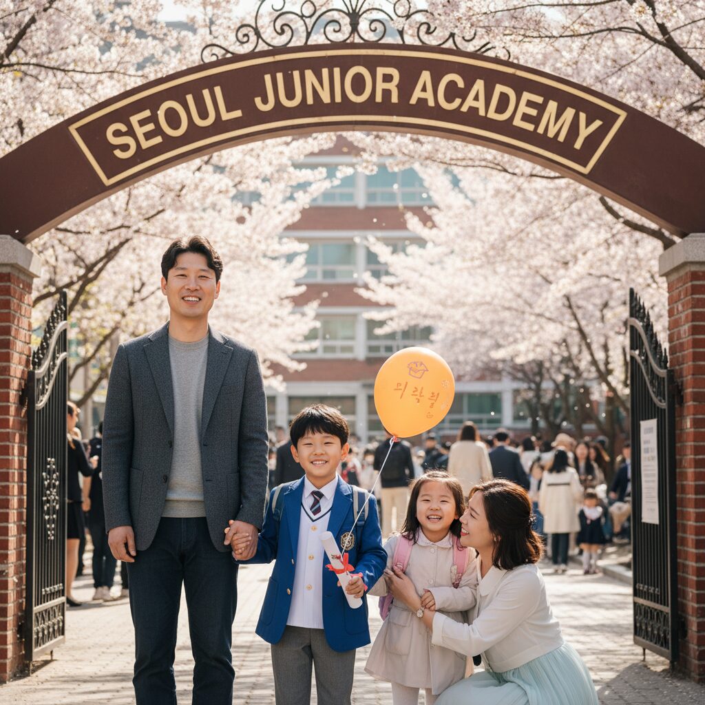 초등학교 입학식 날 교문 앞에서 가족과 함께 기념사진을 찍는 모습