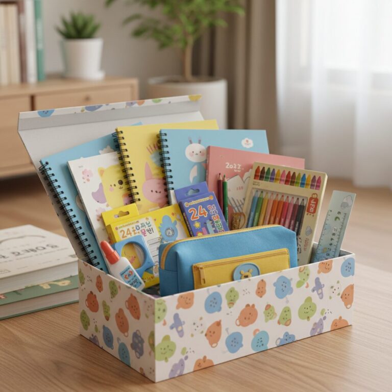 초등학교 입학 준비 문구세트 상자 안에 다양한 노트 필통 크레파스 등이 가득 담겨 있음