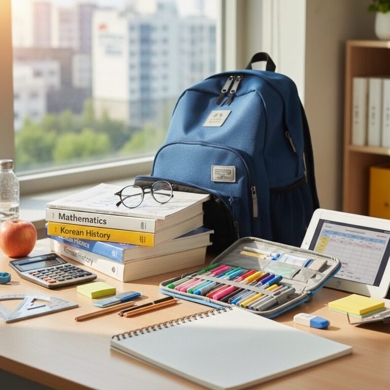 여러 새 학기 준비물과 책가방이 놓여진 책상 위 모습
