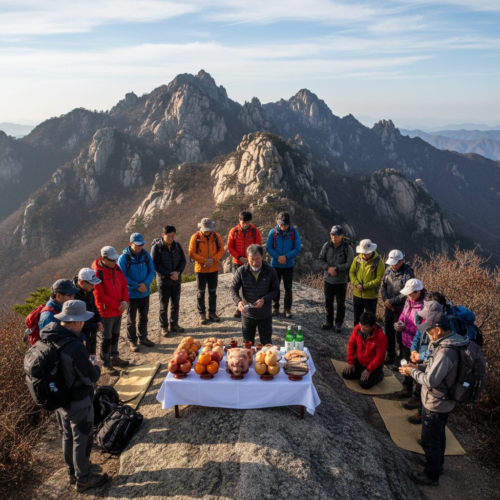 설악산 신선대에서 진행되는 산악회 시산제 모습 제사상이 차려져 있고 회원들이 둘러서 있음