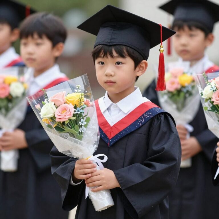 졸업식에 들고 있는 어린아이와 비누꽃다발 사진