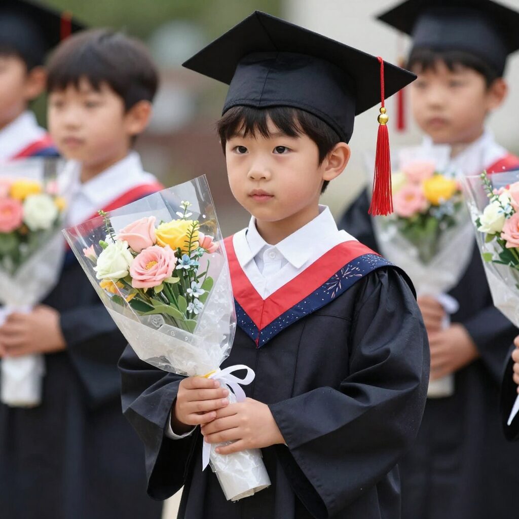 졸업식에 들고 있는 어린아이와 비누꽃다발 사진