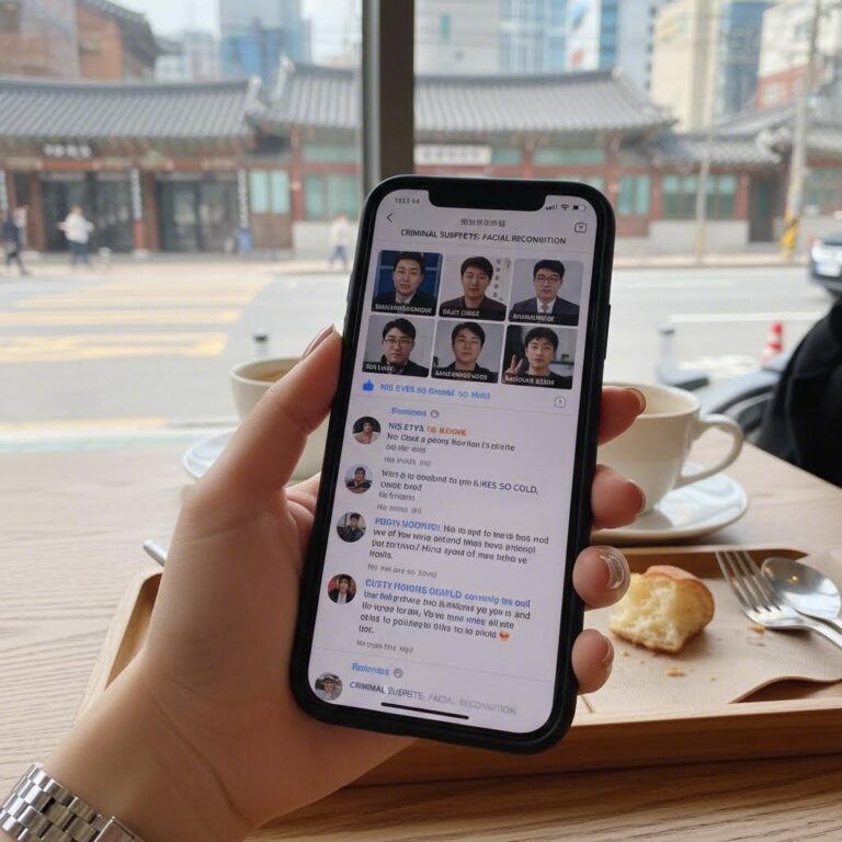 온라인상에서 범죄 가해자 외모를 논하는 스마트폰 화면과 손