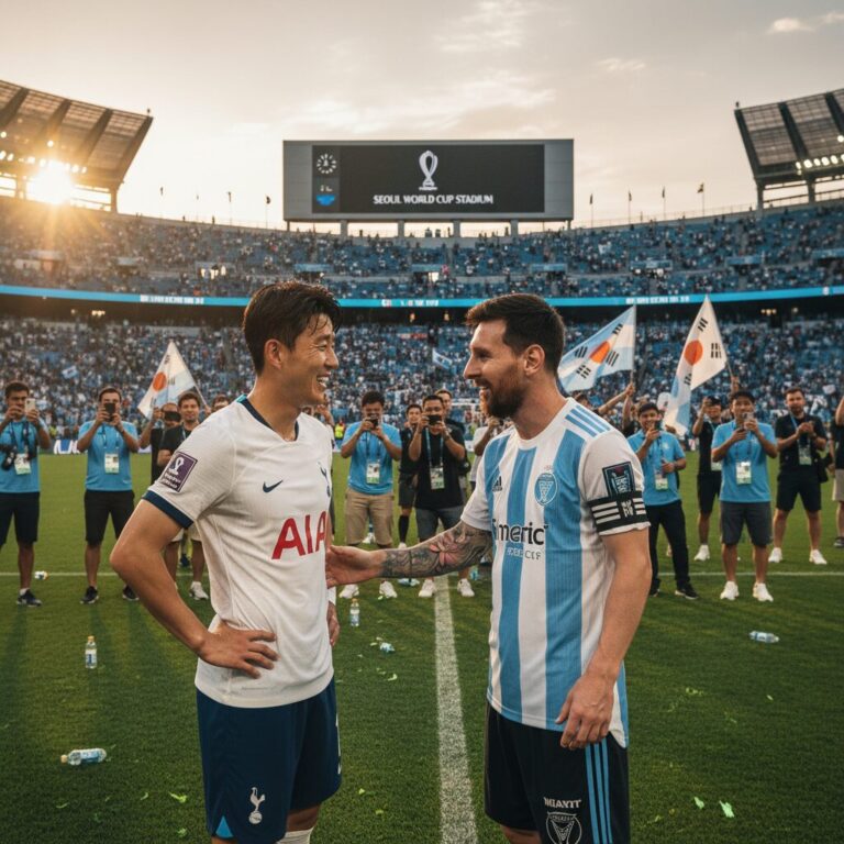 손흥민과 메시가 축구장에서 서로를 바라보는 모습
