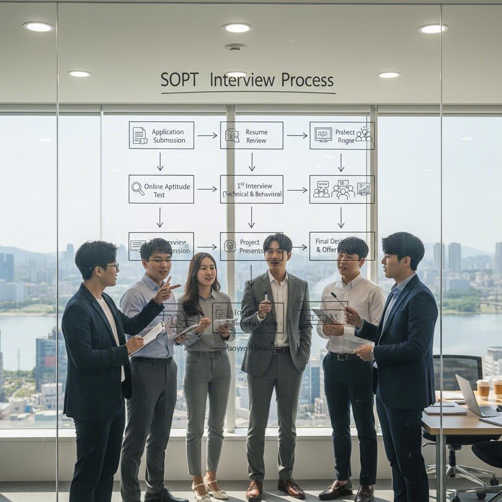 솝트 면접 과정을 나타내는 다이어그램으로 아이스브레이킹, 임원진 면접, 파트장 면접 순서로 진행됨