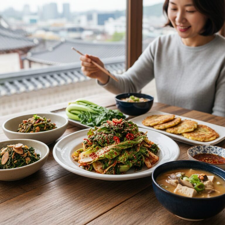 봄동으로 만든 다양한 요리들이 접시에 담겨 있는 모습