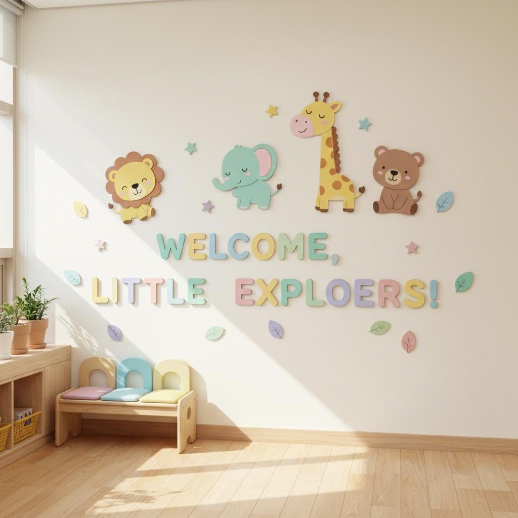 파스텔톤 우드 스티커로 꾸민 어린이집 교실 입구 벽면, 귀여운 동물과 따뜻한 환영 문구가 있음