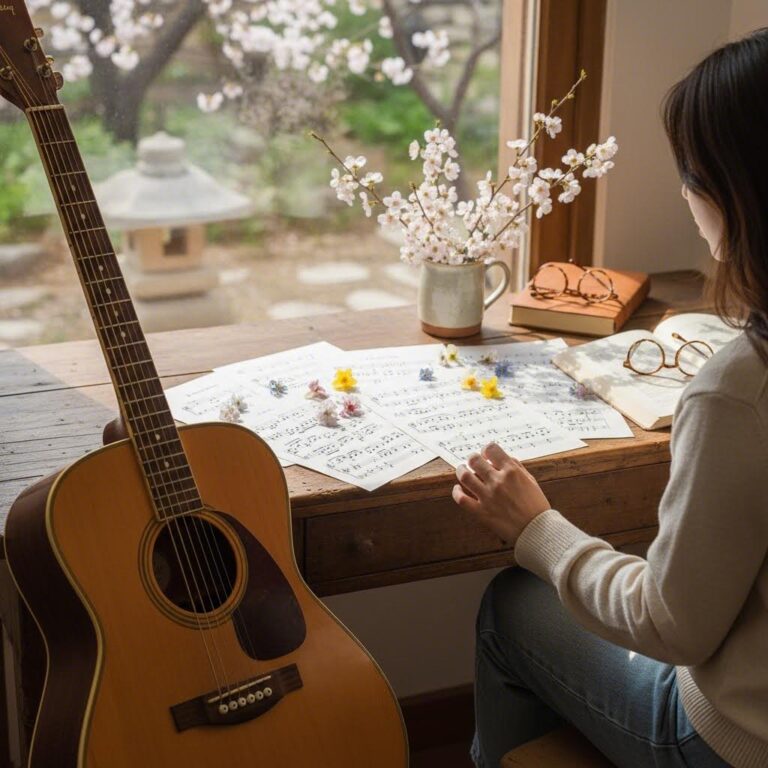 봄 감성 기타 악보가 놓인 책상 위의 기타