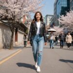 크롭핏 가죽 자켓과 데님 팬츠를 매치한 봄 코디