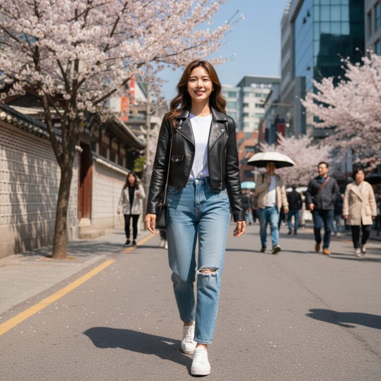 크롭핏 가죽 자켓과 데님 팬츠를 매치한 봄 코디