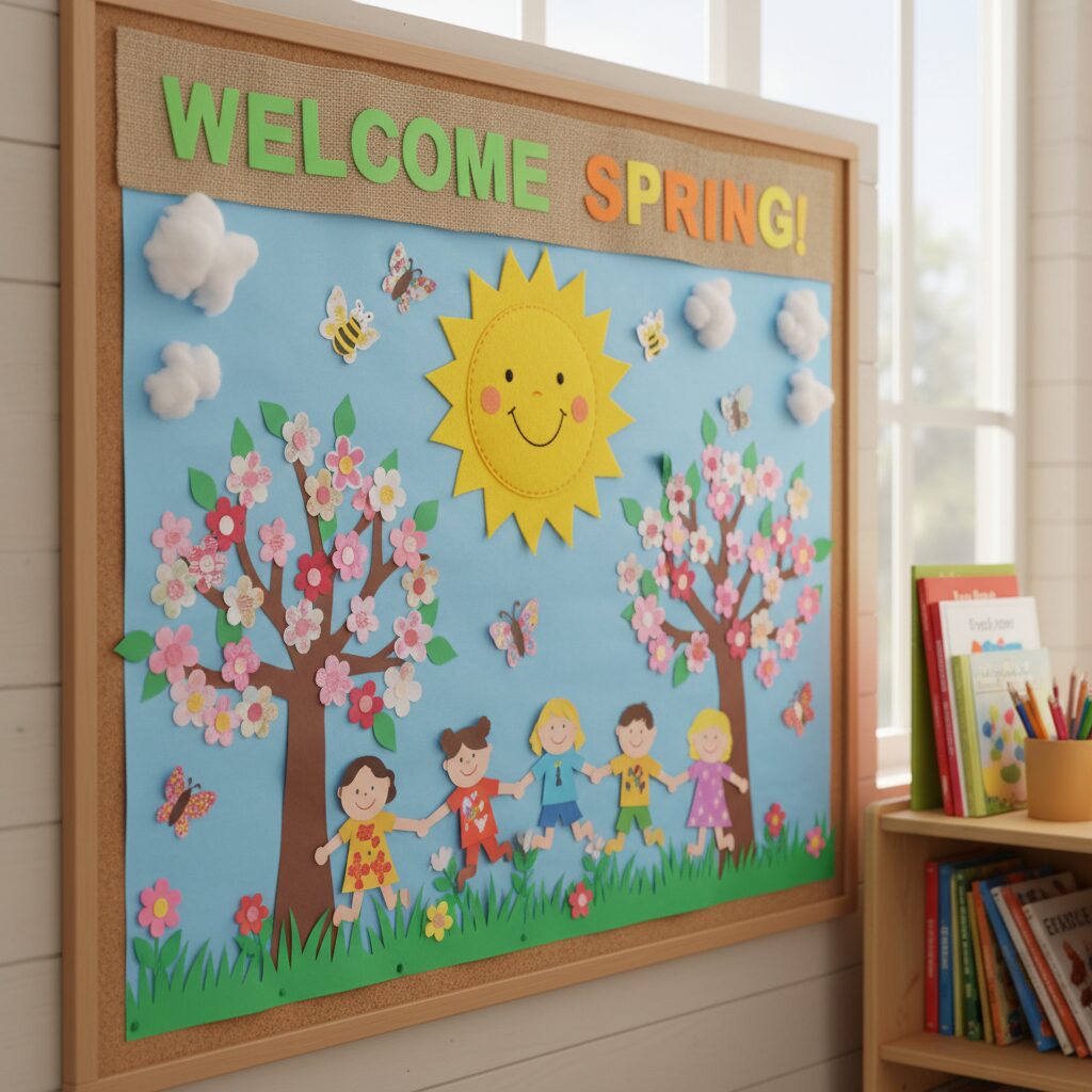 봄을 주제로 한 유치원 환경판 예시로 꽃과 나무 일러스트와 함께 우리반 아이들 사진이 붙어 있다