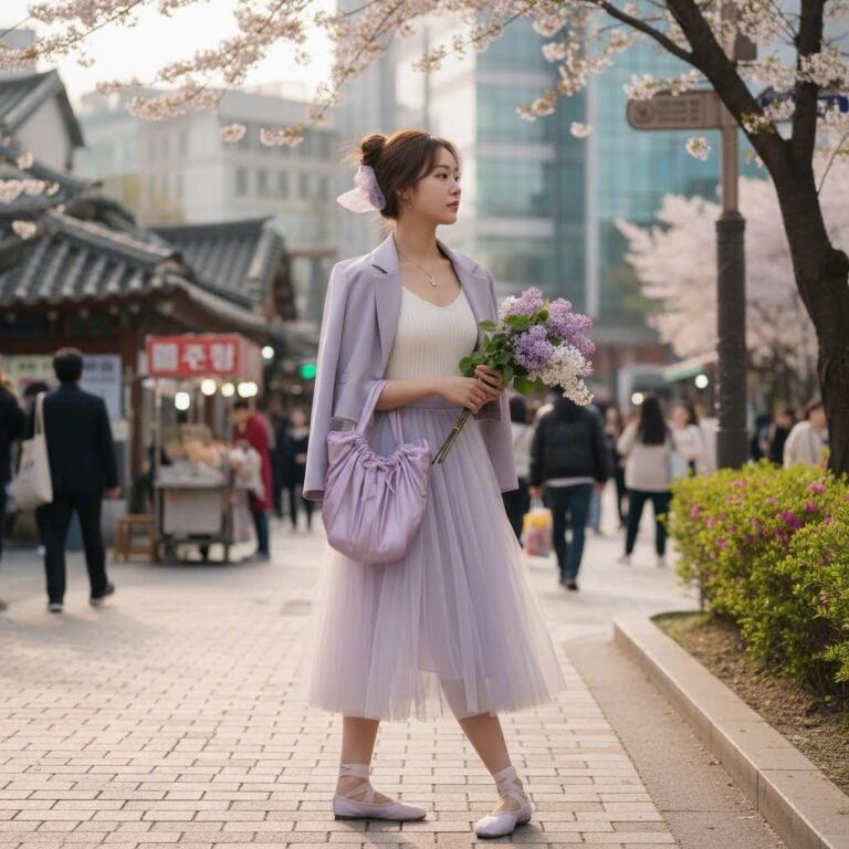 라이트퍼플 발레리나 스타일 가방을 들고 거리를 걷는 여성의 봄 패션 코디