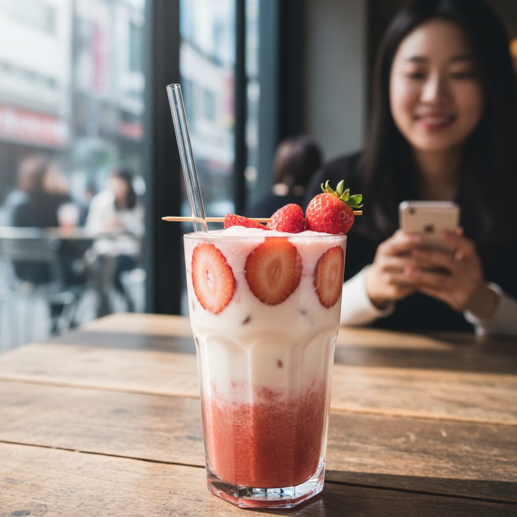 유리잔에 담긴 딸기라떼, 층이 분리된 예쁜 색감과 생딸기 데코