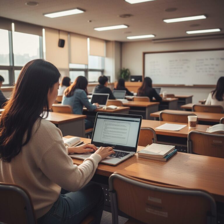 대학 강의실에서 노트북 사용하는 학생