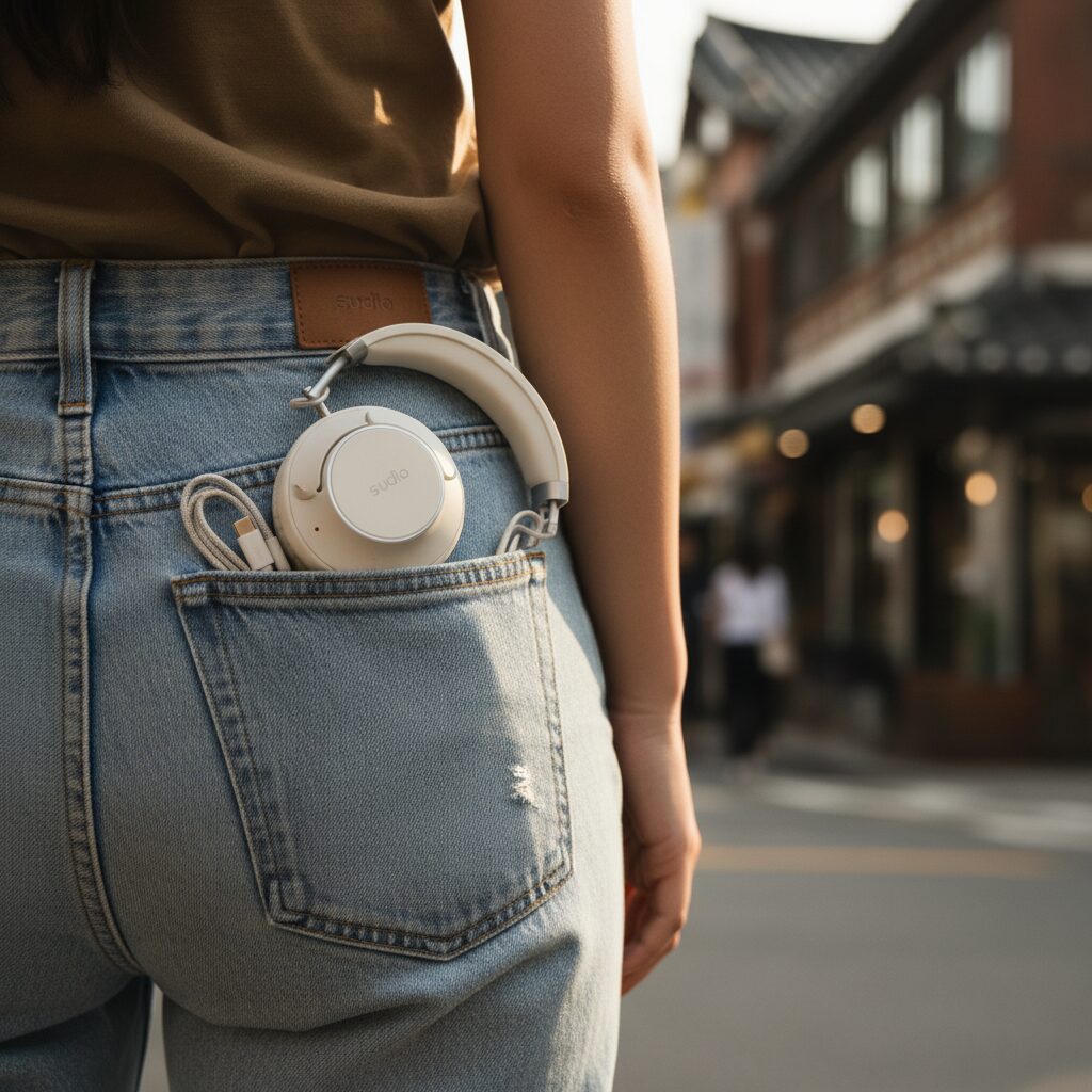 대학교 졸업 선물로 좋은 핸드폰 향수 헤드폰 크림 화이트 색상의 Sudio K2 무선 헤드폰이 주머니에 보관된 모습