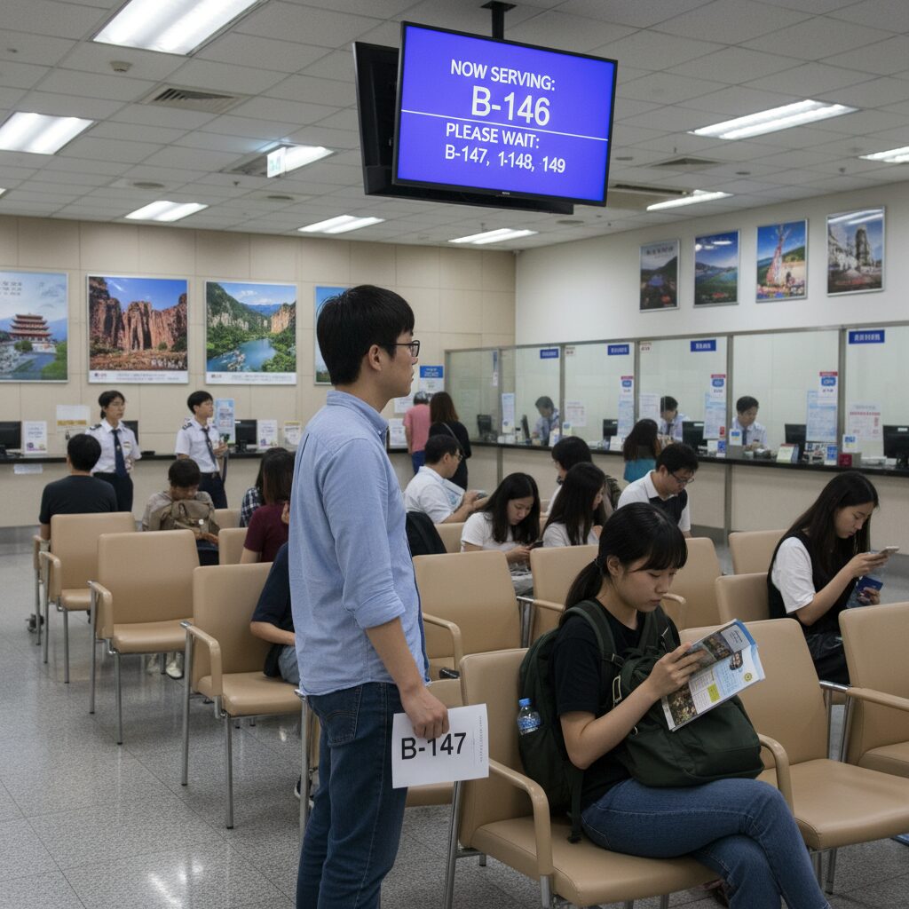 전문대학 글로벌 현장학습 신청부터 출국까지 완전 정복 대만 거류 비자 신청을 위해 대사관에서 번호표를 뽑고 기다리는 모습