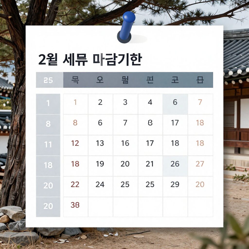2026년 2월 세무 일정 마감 기한을 표시한 달력과 체크리스트