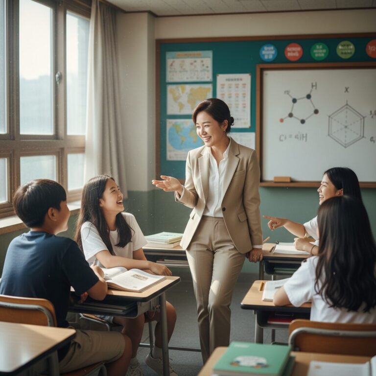 교실에서 학생들과 대화하고 있는 교사의 모습