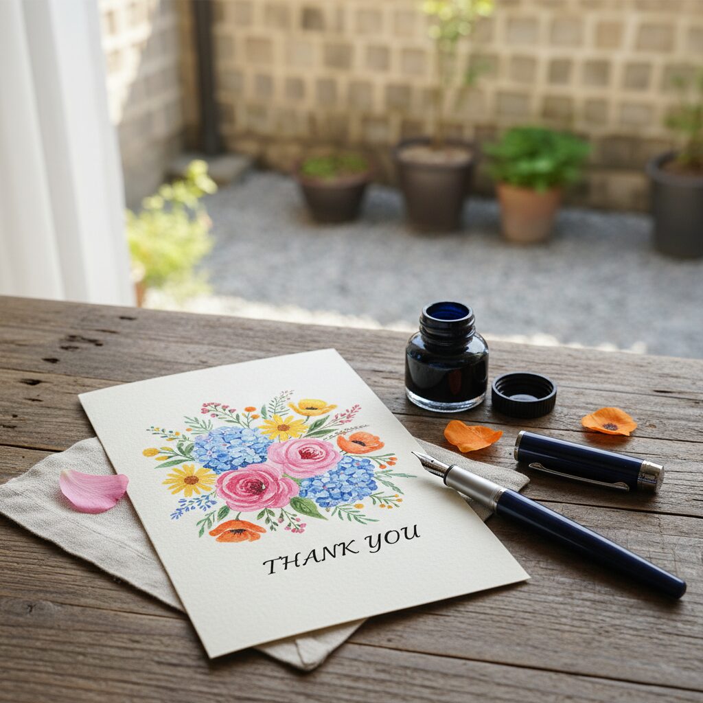 컬러풀한 꽃 그림이 그려진 감사 카드와 펜