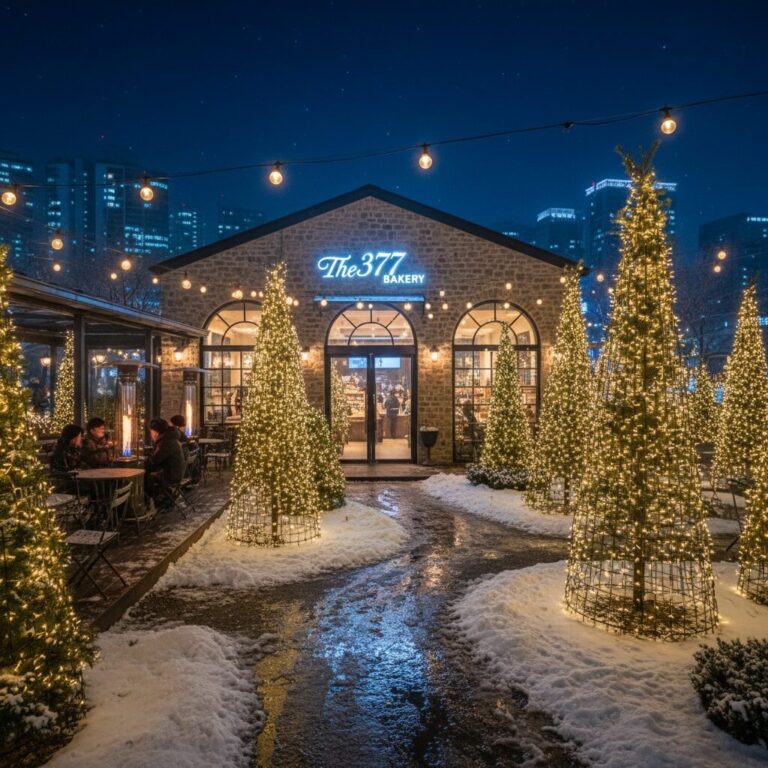 겨울 밤 야외 정원에 트리 조명과 건물 조명이 빛나는 The377 베이커리 전경