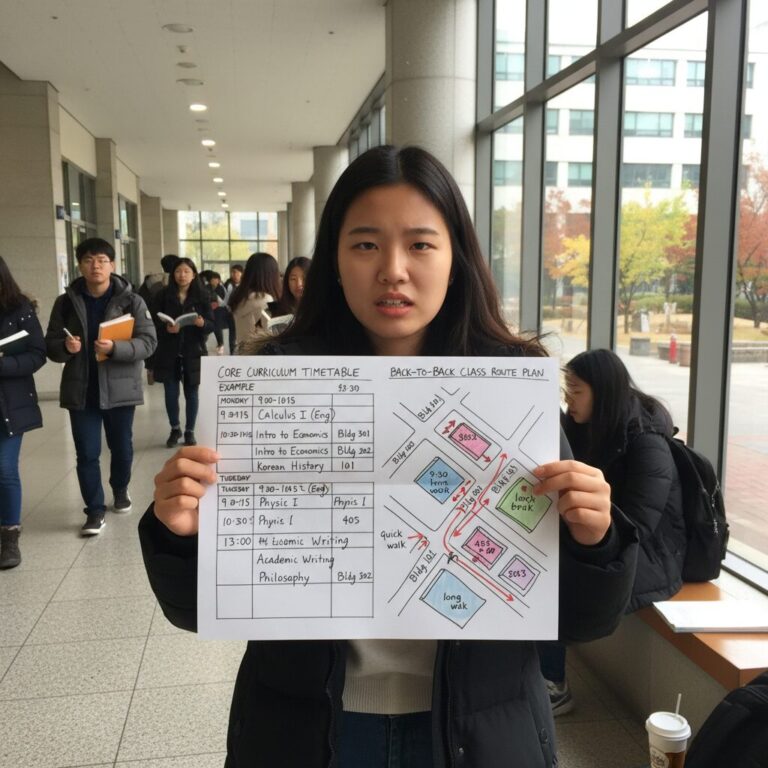핵심교양 시간표 예시와 건물 위치를 고려한 연강 계획표